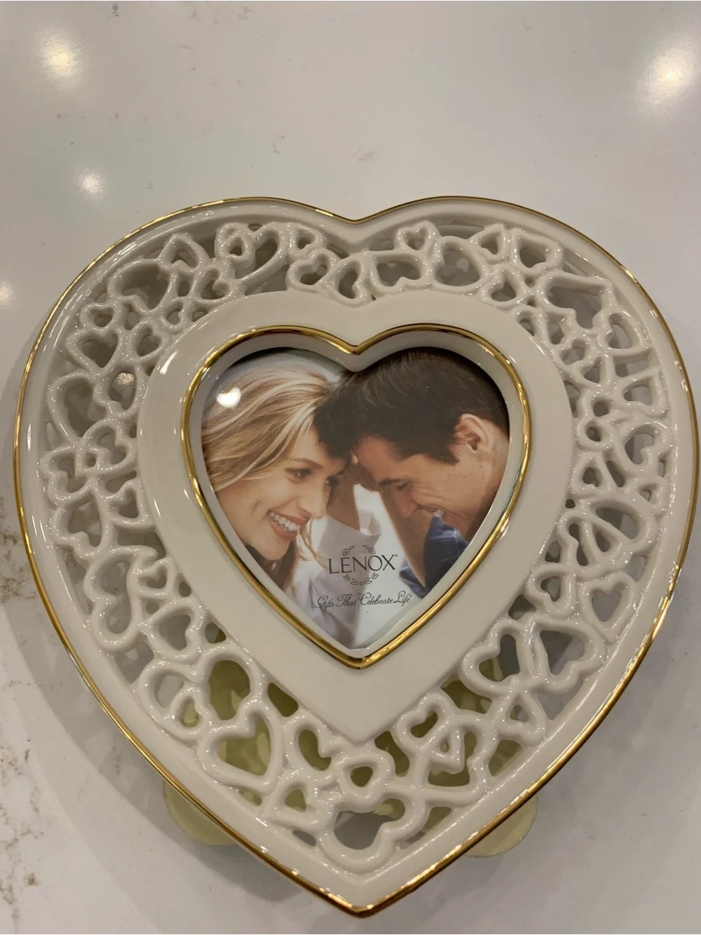 Lenox Pierced Heart Ivory Porcelain Gold Trim Small Picture Frame 6” NEW.